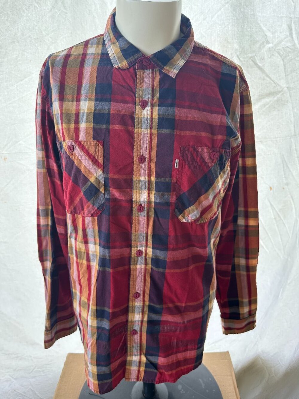 Levi's Men's Red Brown Blue Plaid LS Button Front Shirt Large Cotton